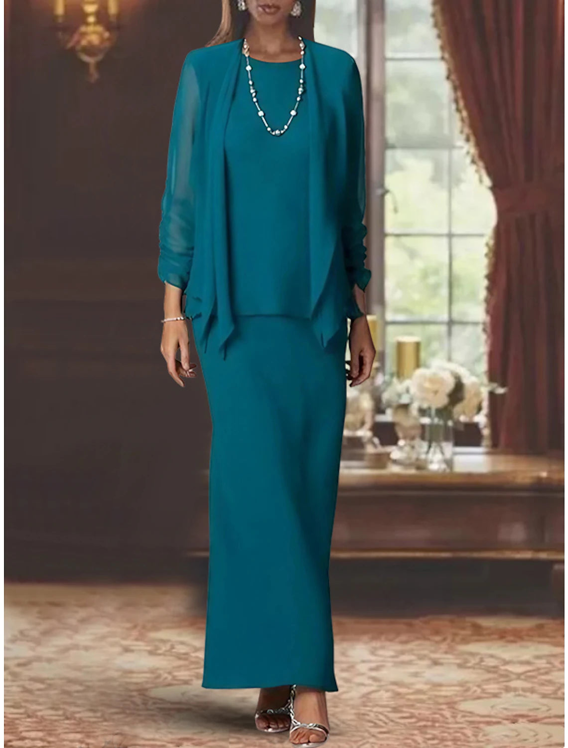 Two Piece Mother of the Bride Dress Formal Scoop Neck Floor Length Chiffon Long Sleeve Wrap Included with Solid Color