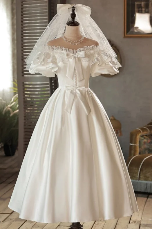 Cute A-Line Retro Tea Length Satin Cute Off Shoulder Wedding Dress with Bows