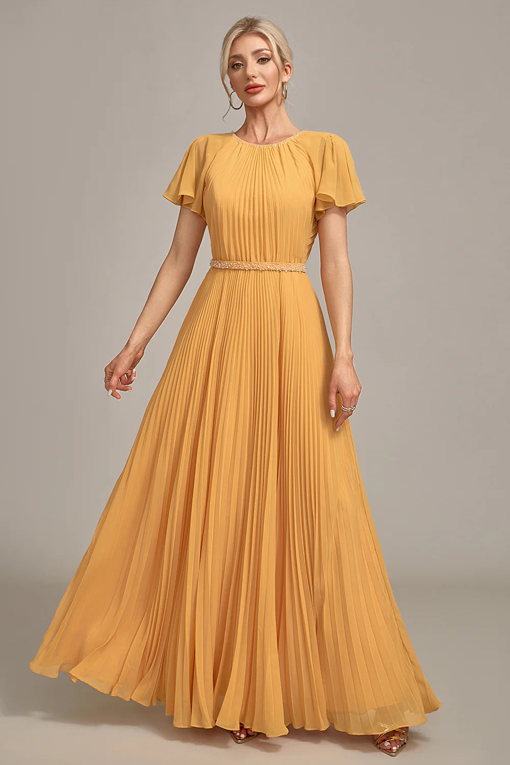 Yellow A-Line Round Neck Pleated Mother of Bride Dress With Short Sleeves