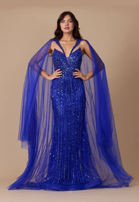 Long Sequin Cape Couture Evening Dress Royal