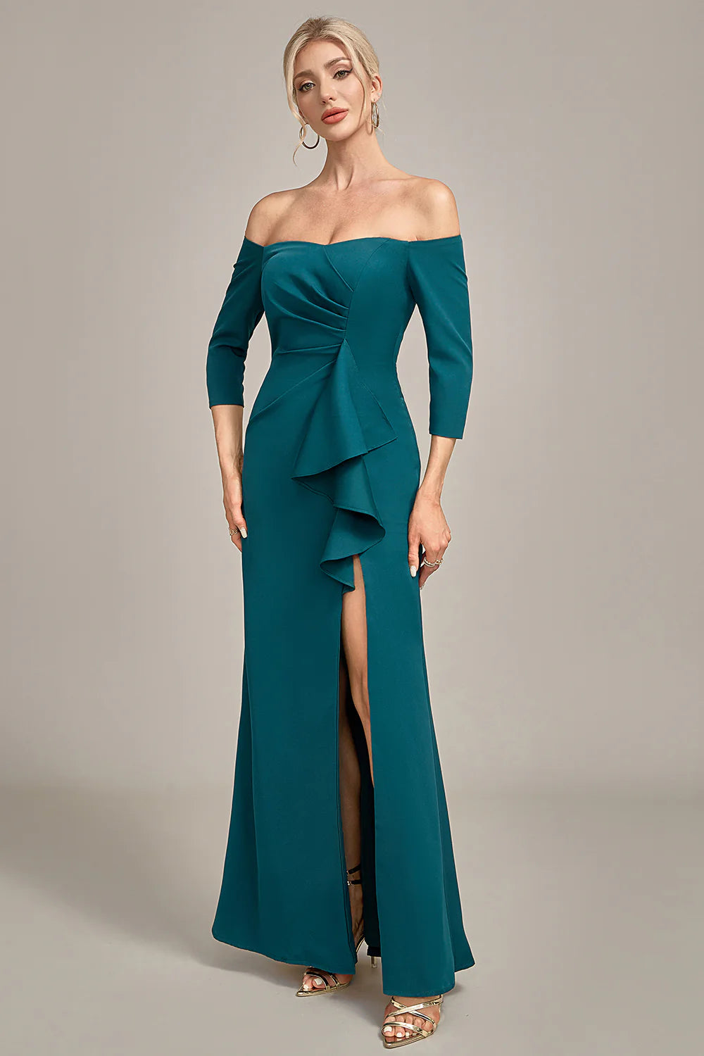 Dark Green Mermaid Off The Shoulder Cascading Ruffled Mother Of The Bride Dress With Slit