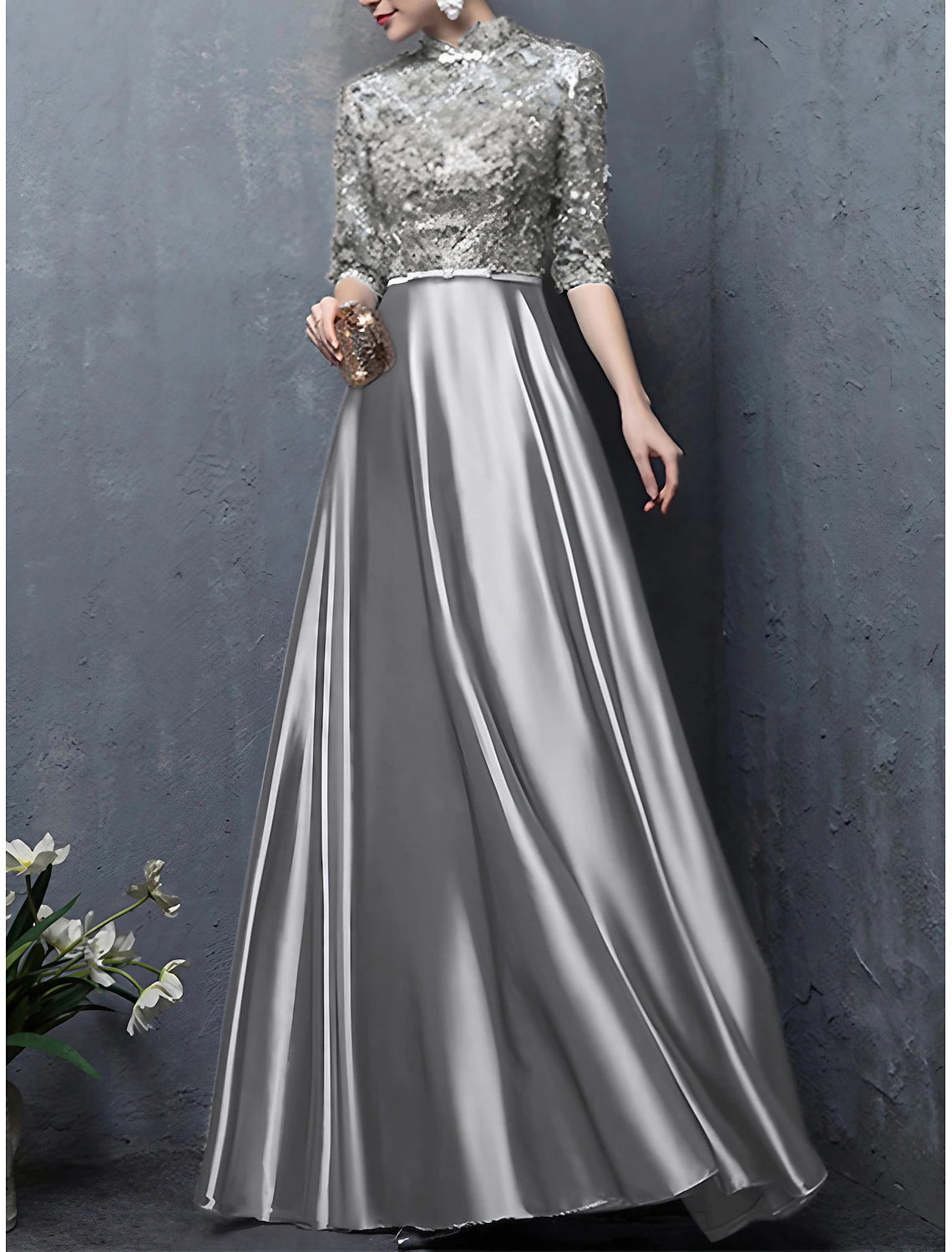 A-Line Mother of the Bride Dress High Neck Floor Length Satin Half Sleeve with Bow(s) Appliques