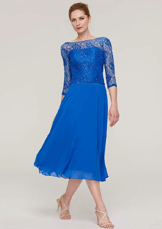 A-line/Princess Bateau 3/4 Sleeve Tea-Length Chiffon Mother of the Bride Dress With Beading Lace