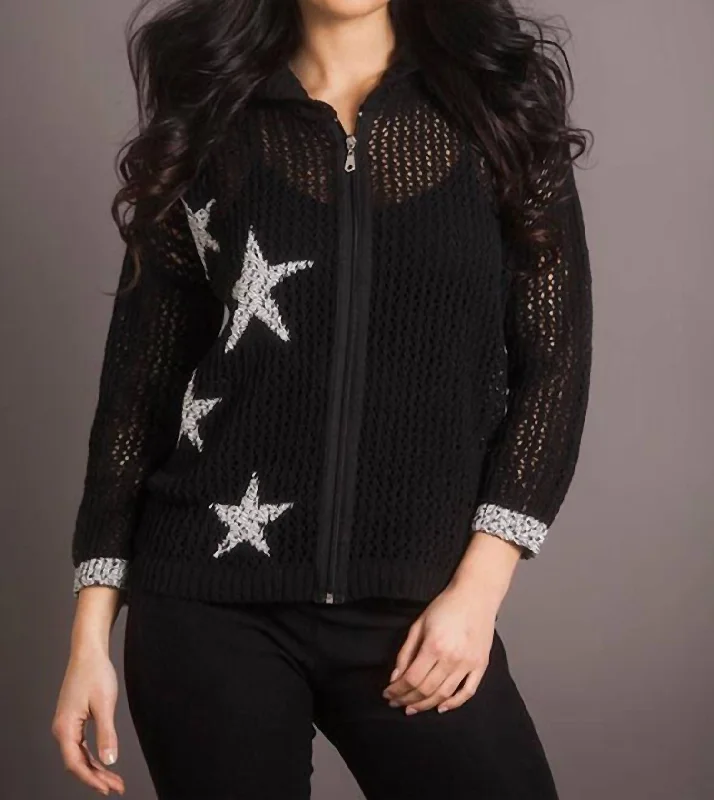 Crochet Star Crew Zip Up Hoodie In Black Frost