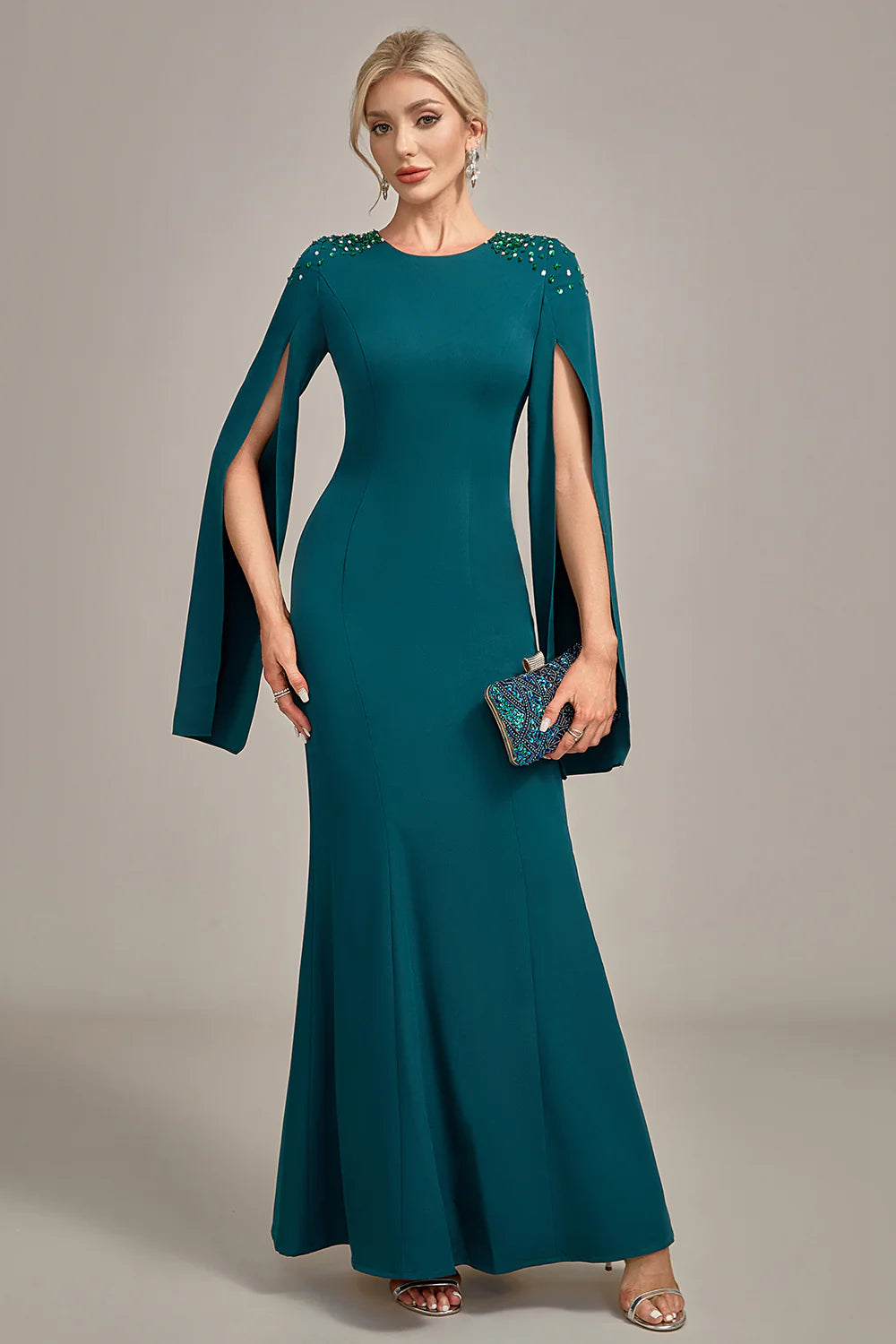 Glitter Dark Green Mermaid Round Neck Mother of the Bride Dress