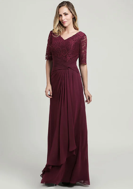 Chiffon Mother of the Bride Dress V Neck Half Sleeve Long With Ruffles Pleated Lace