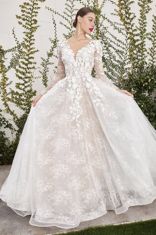 Long Sleeve Lace V-Neck Tulle Floral Wedding Dress with Flowing Train