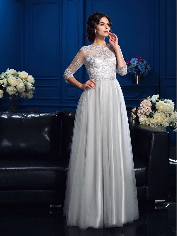 A-Line/Princess Scoop Applique 3/4 Sleeves Long Elastic Woven Satin Mother of the Bride Dresses