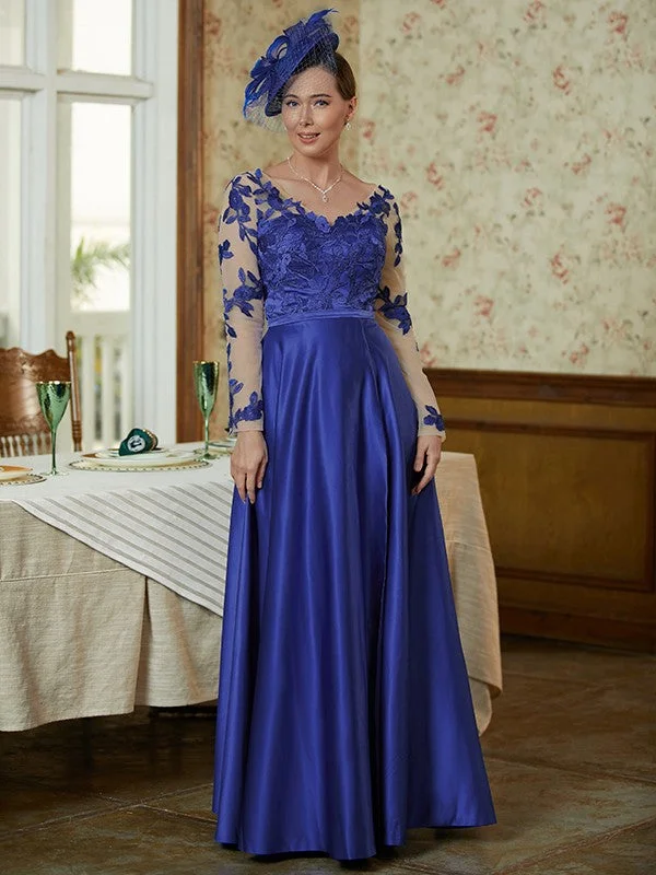 A-Line/Princess Satin Applique V-neck Long Sleeves Floor-Length Mother of the Bride Dresses