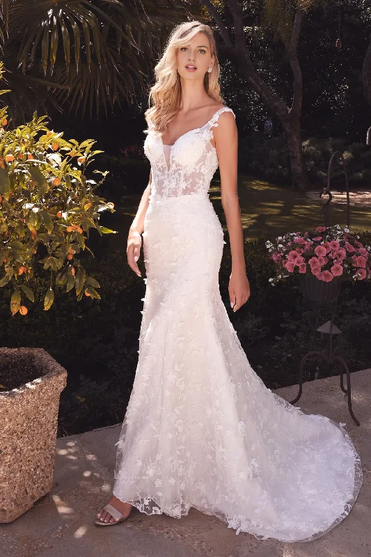 Stunning Wedding Dress Gown Sweep Train Dress with Deep Neckline Floral Accents