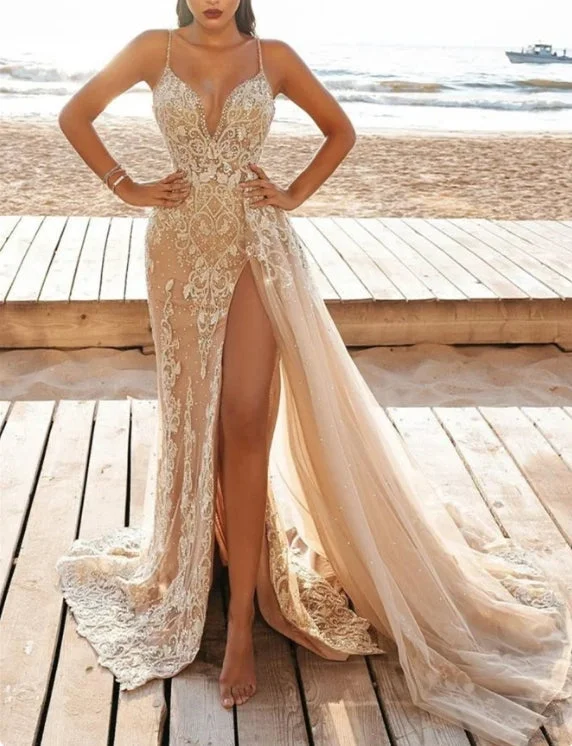 Mermaid Spaghetti-Strap V-Neck Wedding Dress Beadings With Slit