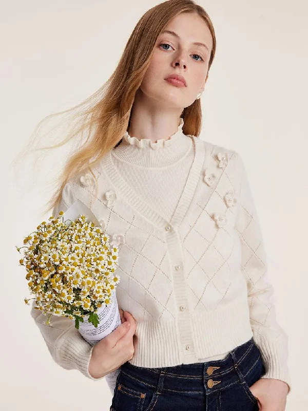 Three-dimensional Hand Crocheted Flower Pearl Cardigan