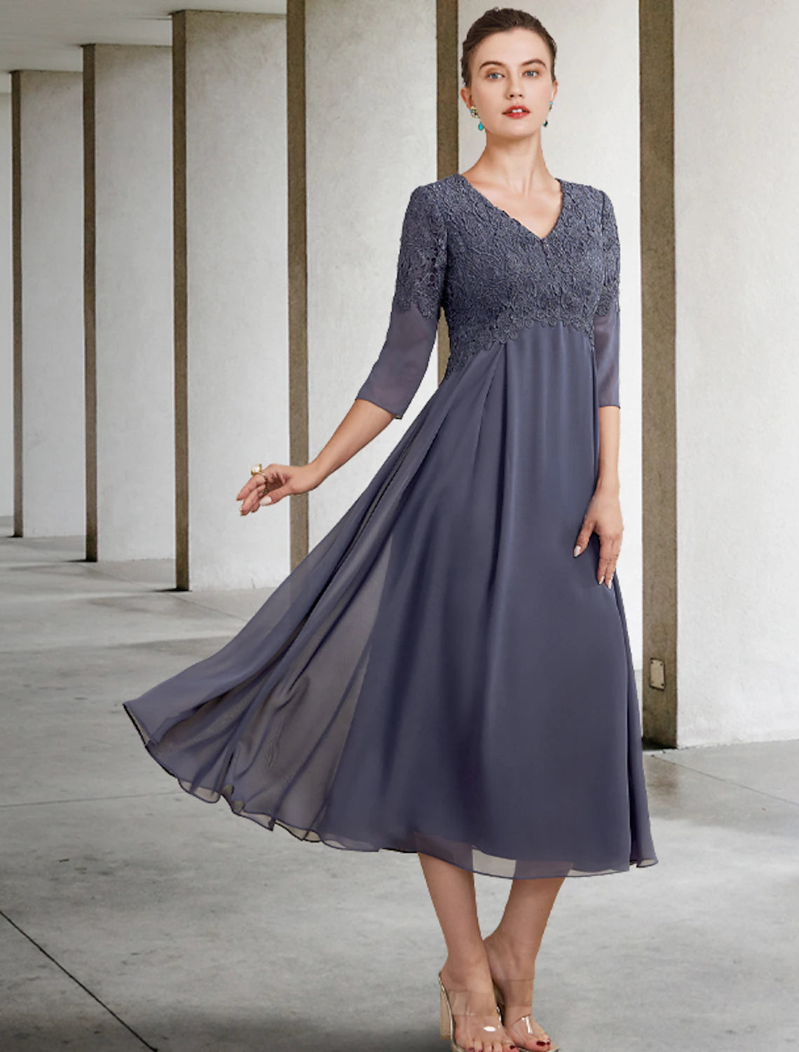 A-Line Mother of the Bride Dress Wedding Guest V Neck Tea Length Chiffon Lace 3/4 Length Sleeve with Ruffles Appliques