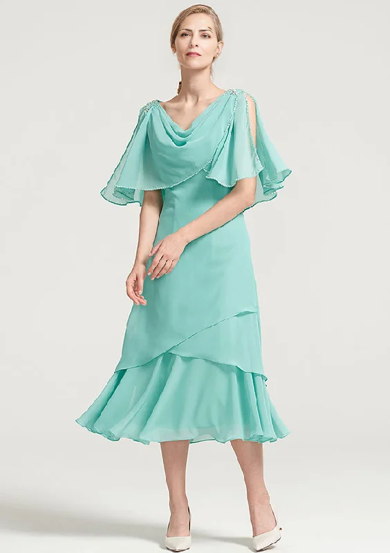 Tea-Length Chiffon Mother of the Bride Dress With Side Draping Crystal Detailing Ruffles