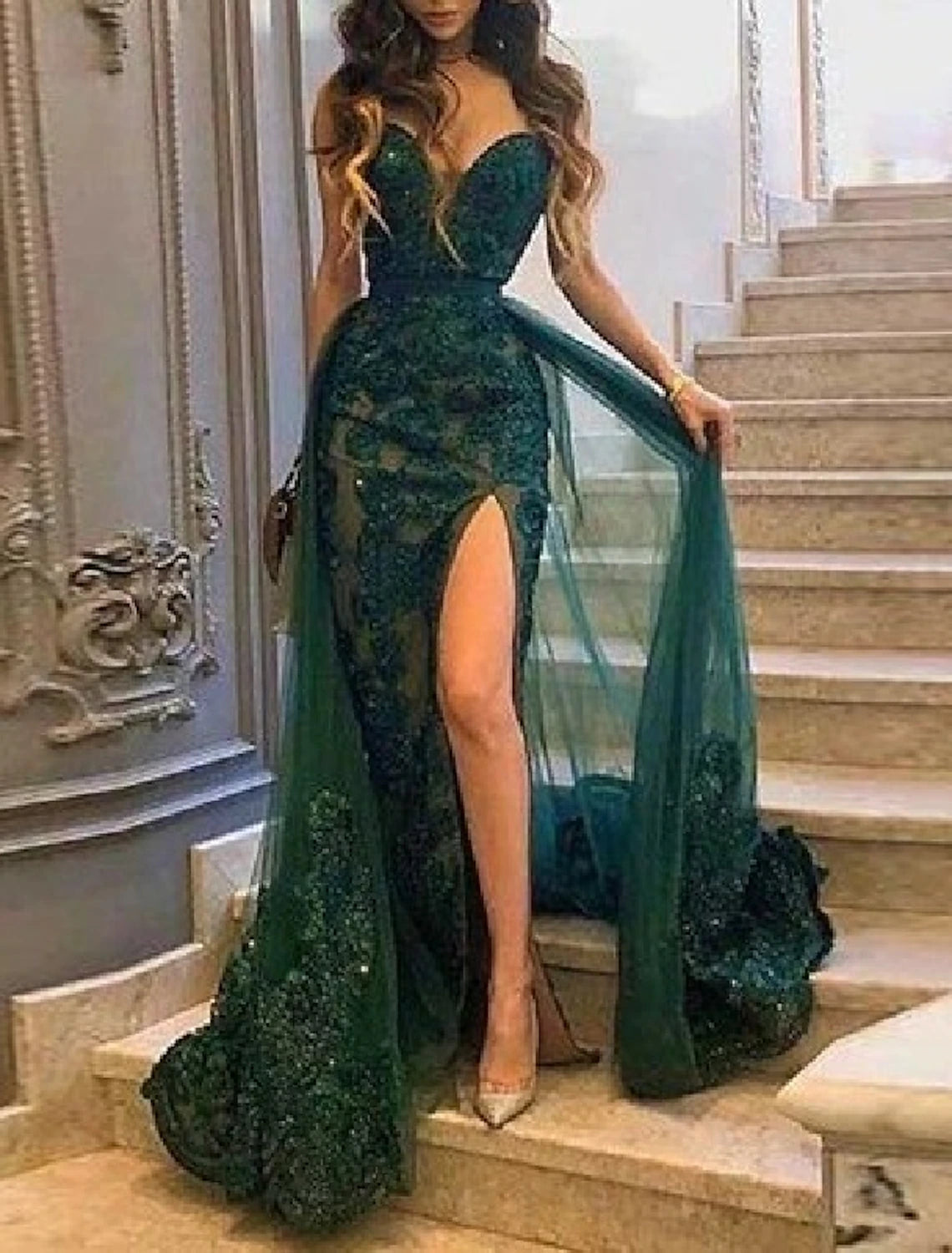 Mermaid Prom Dresses Emerald Green Dress Christmas Wedding Guest Court Train Sleeveless Strapless Tulle