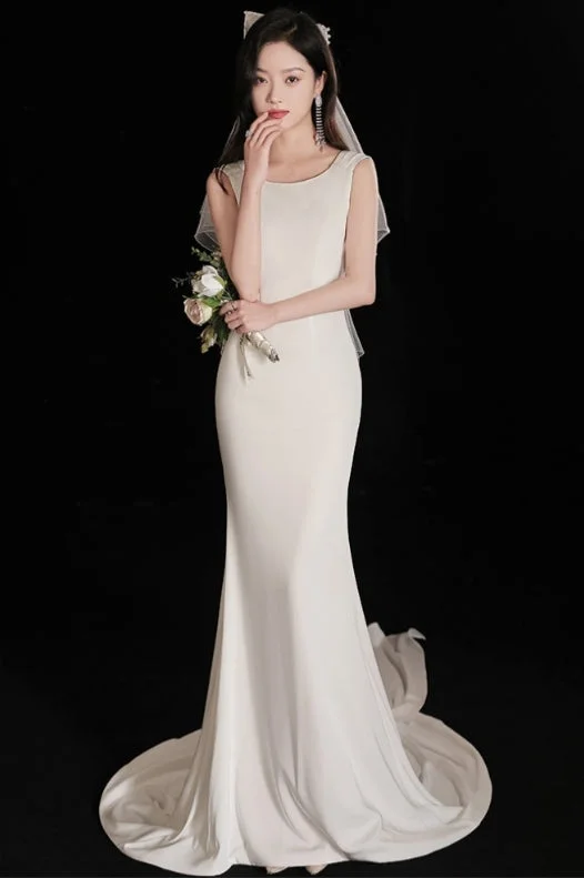 Elegant Sleeveless Mermaid Satin Simple Train Dress Wedding Dress with Lace Open Back