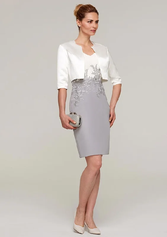 Sheath/Column V Neck Short Sleeve Knee-Length Chiffon Mother of the Bride Dress With Jacket Appliqued