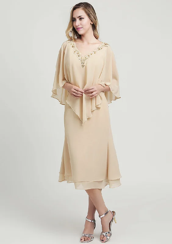 Chiffon Mother of the Bride Dresses A-line Tea-Length With Beading