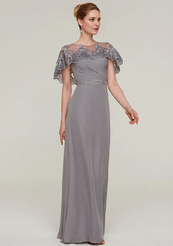 Sheath/Column Bateau Short Sleeve Long/Floor-Length Chiffon Mother of the Bride Dresses With Beading Appliqued