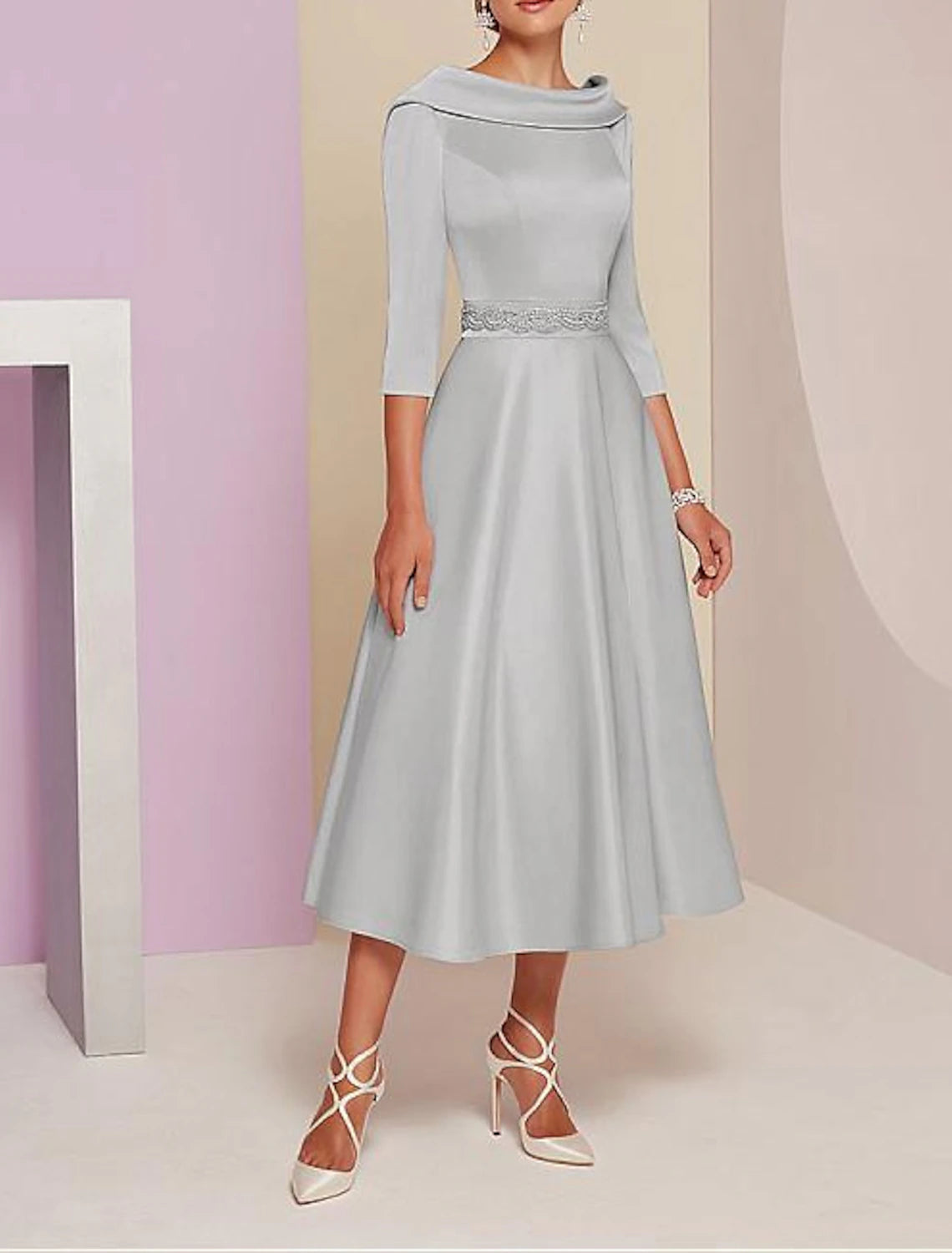 A-Line Mother of the Bride Dress Wedding Guest Tea Length Satin 3/4 Length Sleeve with Beading