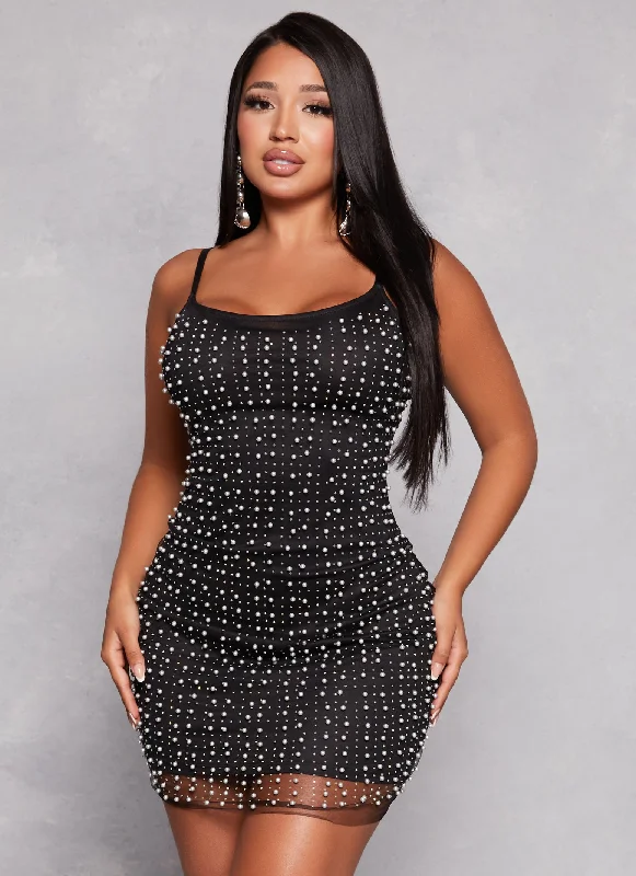 Mesh Faux Pearl Cami Bodycon Dress