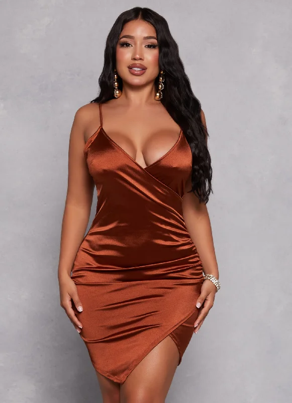 Satin Faux Wrap Ruched Cami Dress