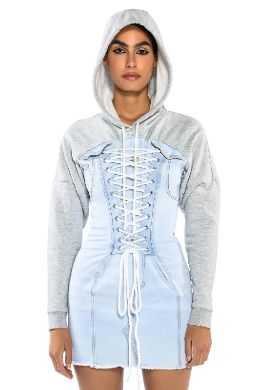 GINA LACE UP DENIM HOODED MINI DRESS