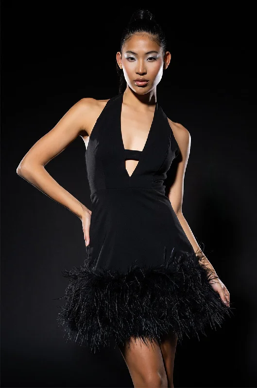 NOEL DEEP V FEATHER TRIM MINI DRESS