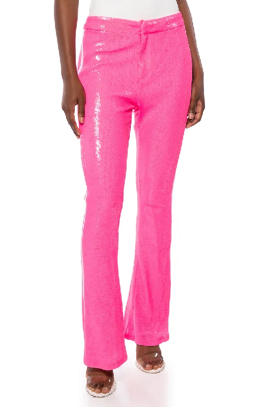 GET DOWN ON IT SEQUIN FLARE TROUSER IN PINK