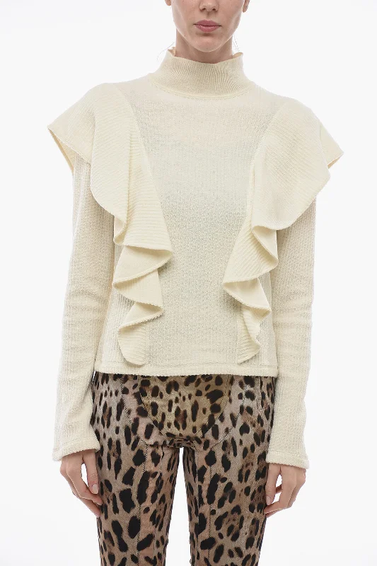 Chloe Turtleneck Wool Sweater with Ruffled Sleeves